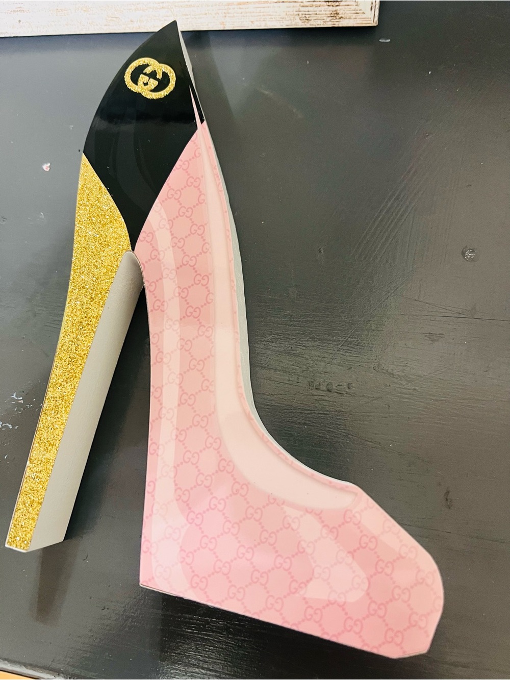Gucci Pink and Gold Logo Block Heel Pump decor